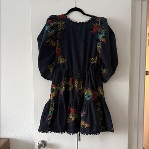 FARM Rio Black Floral Puff-Sleeve Mini Dress with Multicolor Embroidery